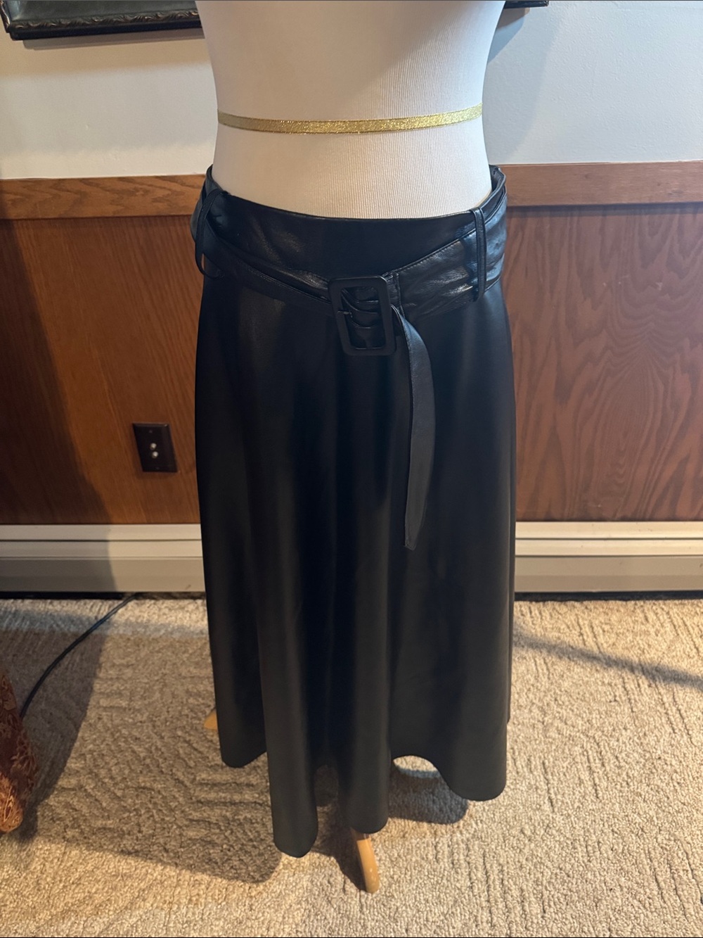 Philosophy Black Faux-Leather Midi Skirt with Waist Belt